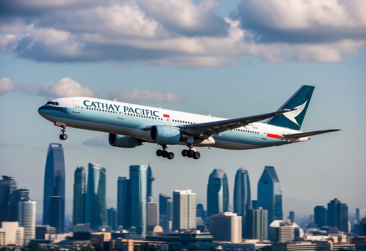 A colorful airplane flying over a city skyline with the Cathay Pacific logo prominently displayed