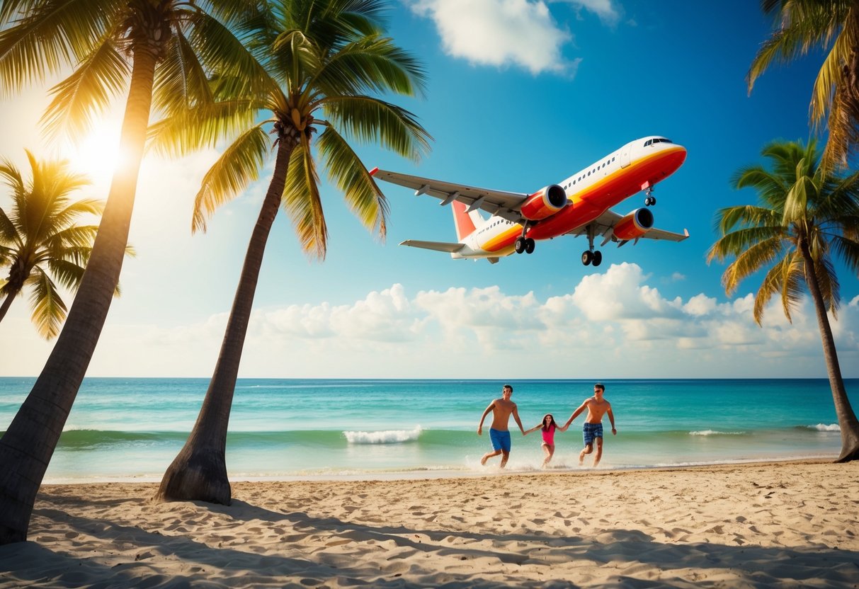 A sunny beach with a plane flying overhead, surrounded by palm trees and a family enjoying the water