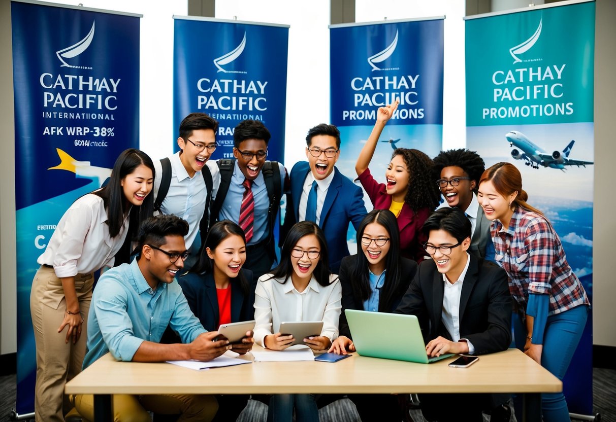 A group of diverse students excitedly booking international flights, surrounded by banners and posters advertising Cathay Pacific promotions