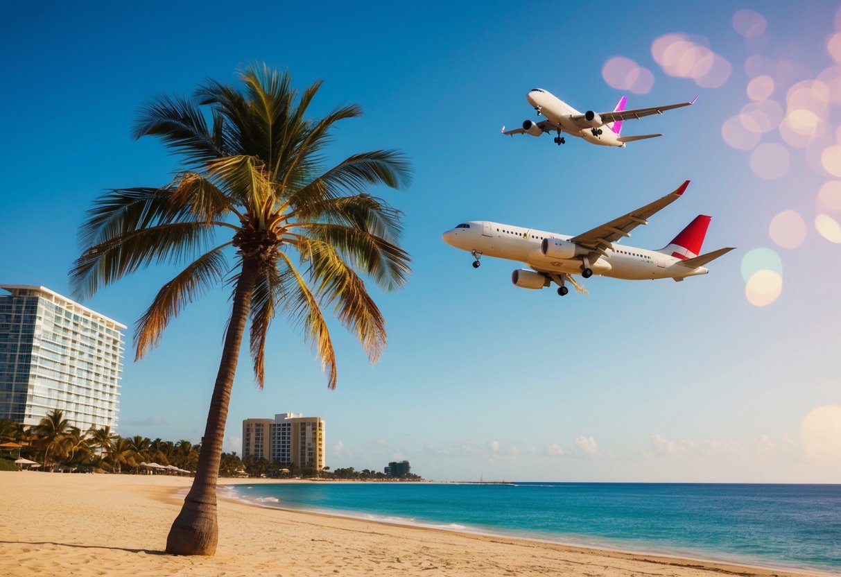 A sunny beach with a palm tree and a plane flying overhead, with a hotel in the background