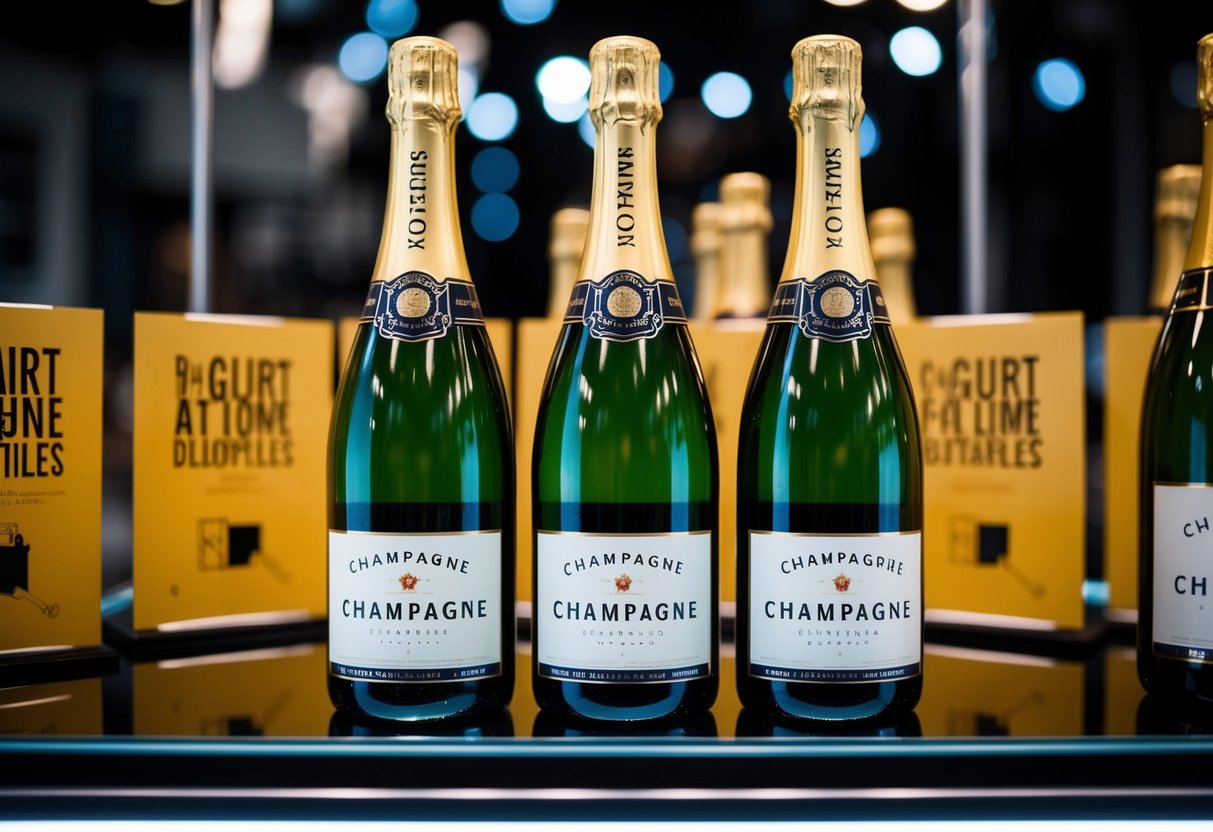 Bottles of champagne on display with promotional signage