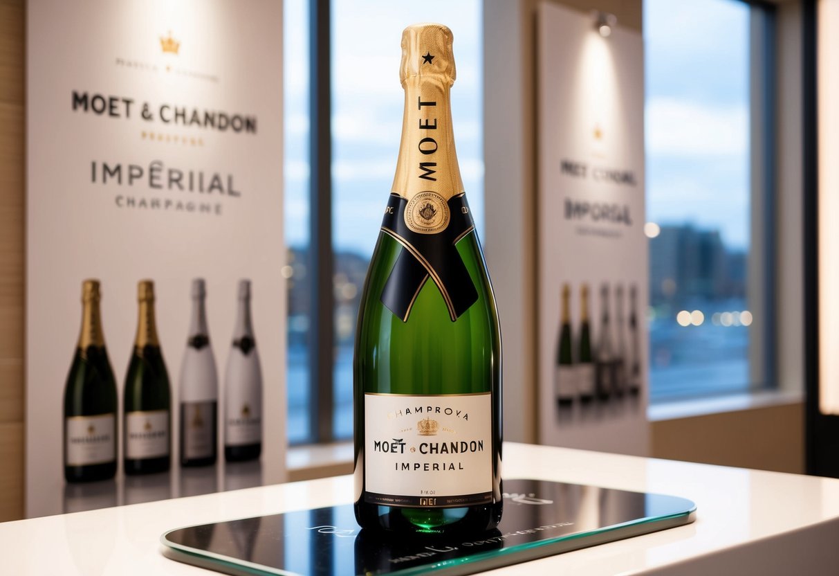A bottle of Moët & Chandon Impérial champagne on a sleek, modern display with elegant branding and promotional materials