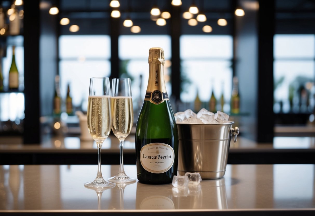 A bottle of Laurent-Perrier La Cuvée champagne surrounded by elegant glasses and a bucket of ice on a sleek, modern bar counter