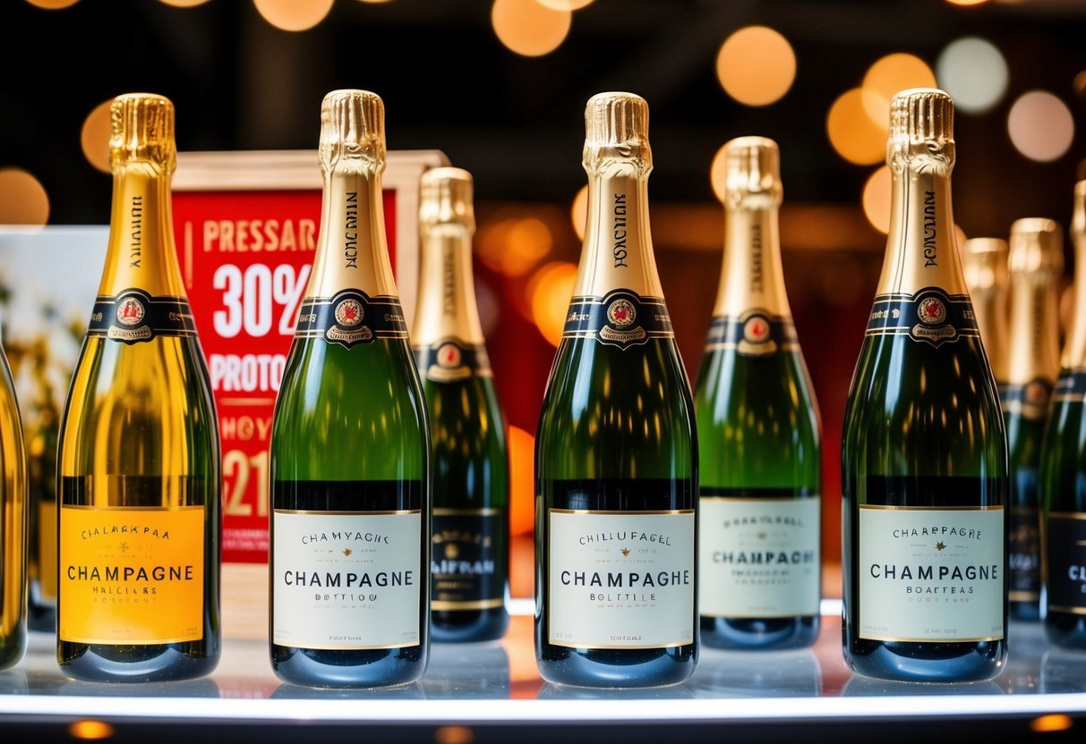 A festive display of champagne bottles with promotional signage