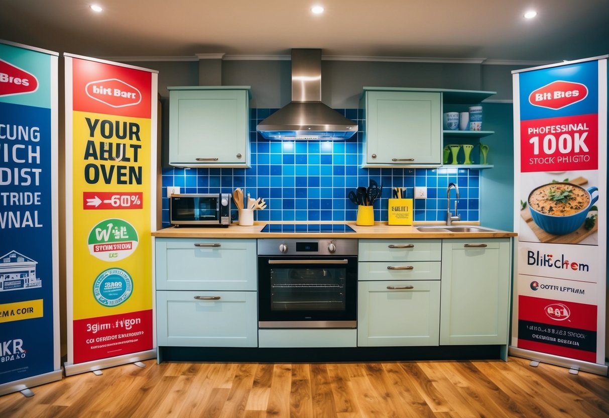 A colorful kitchen with a built-in oven surrounded by promotional signs and banners