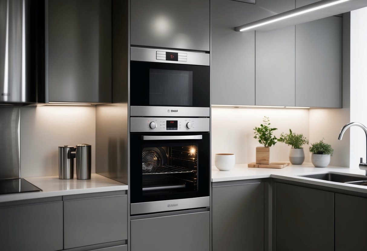 A sleek Bosch Serie 4 Built-In Oven sits in a modern kitchen, surrounded by stainless steel appliances and illuminated by soft overhead lighting