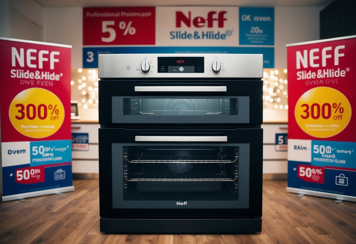 A sleek Neff Slide&Hide® Oven surrounded by promotional banners and discounts