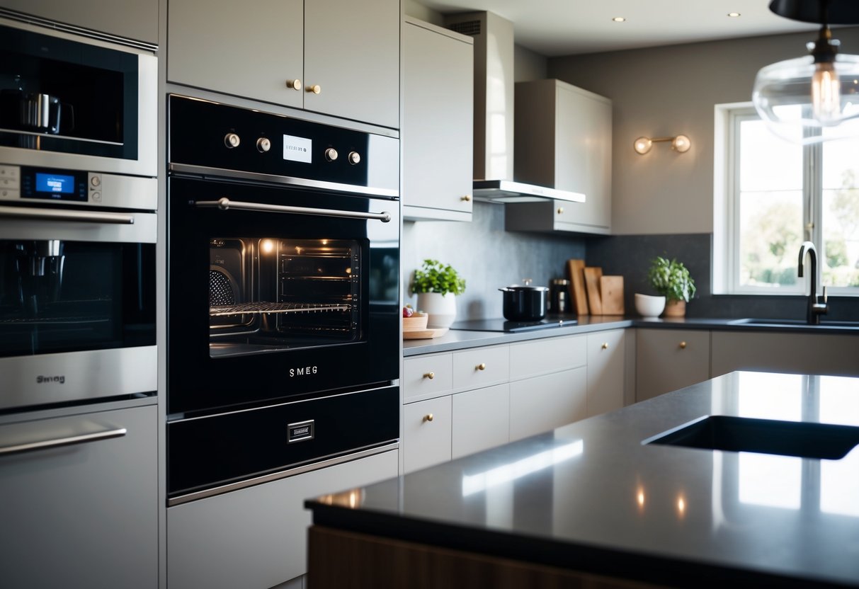 A sleek Smeg Victoria Built-In Oven sits in a modern kitchen, surrounded by other high-end appliances