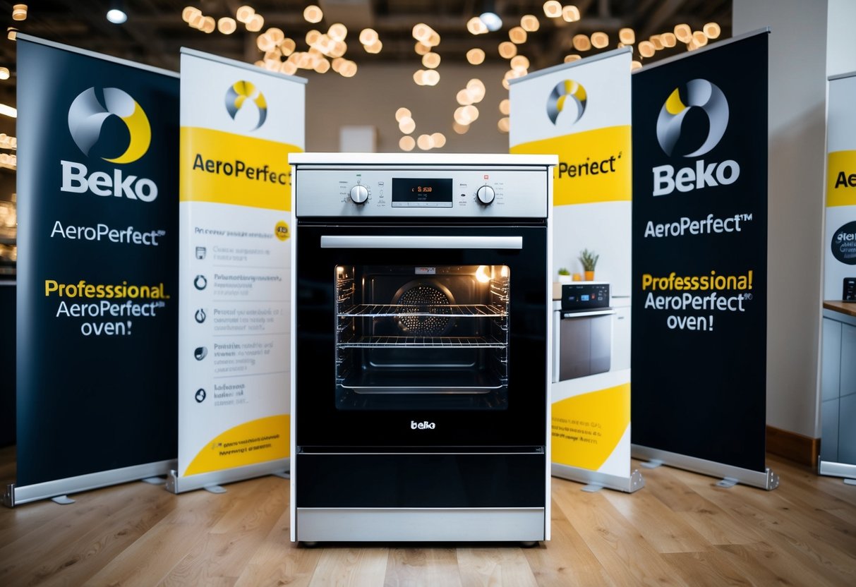 A Beko AeroPerfect™ Built-in Oven surrounded by promotional banners and signs