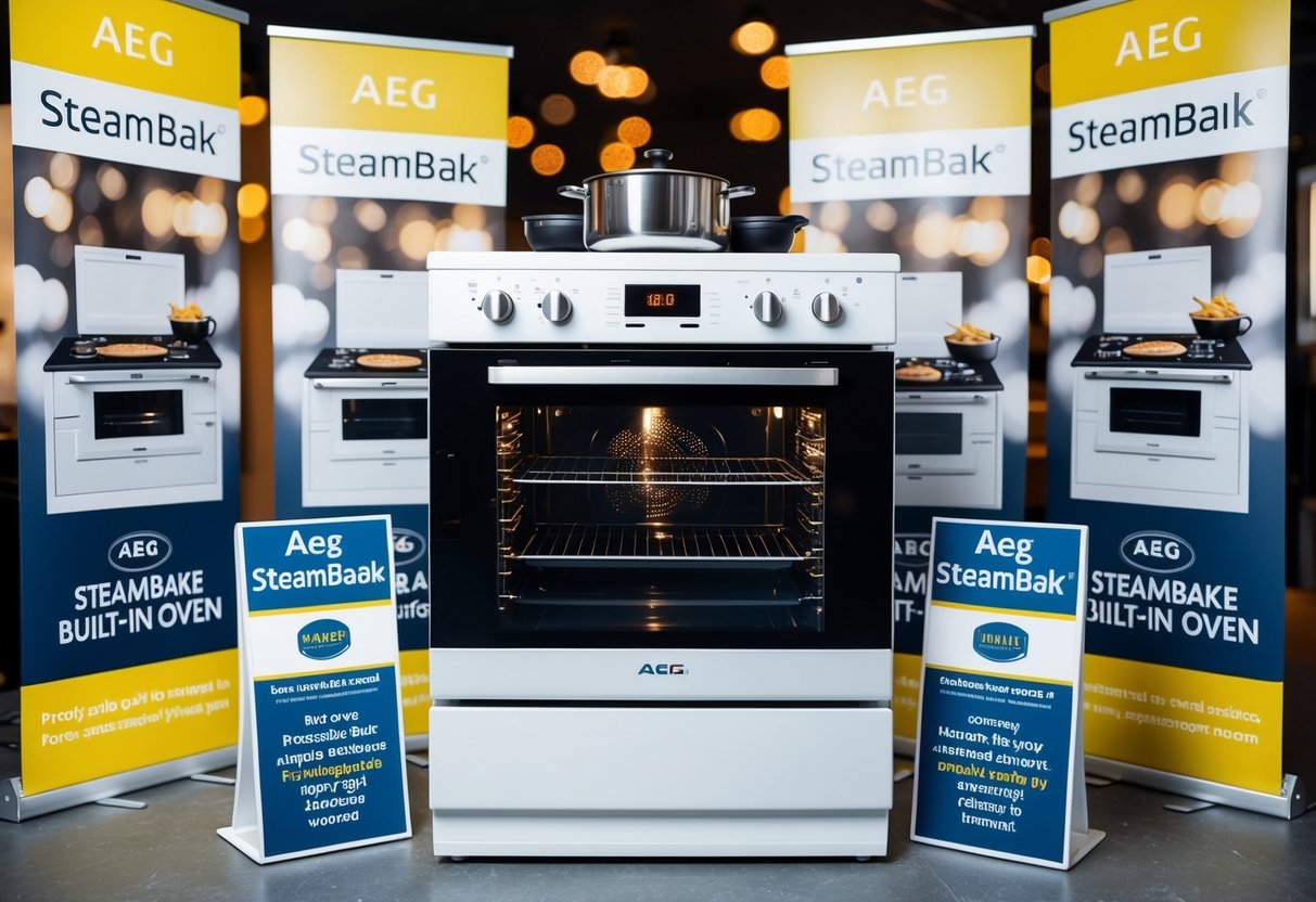 AEG SteamBake Built-In Oven surrounded by promotional banners and signs