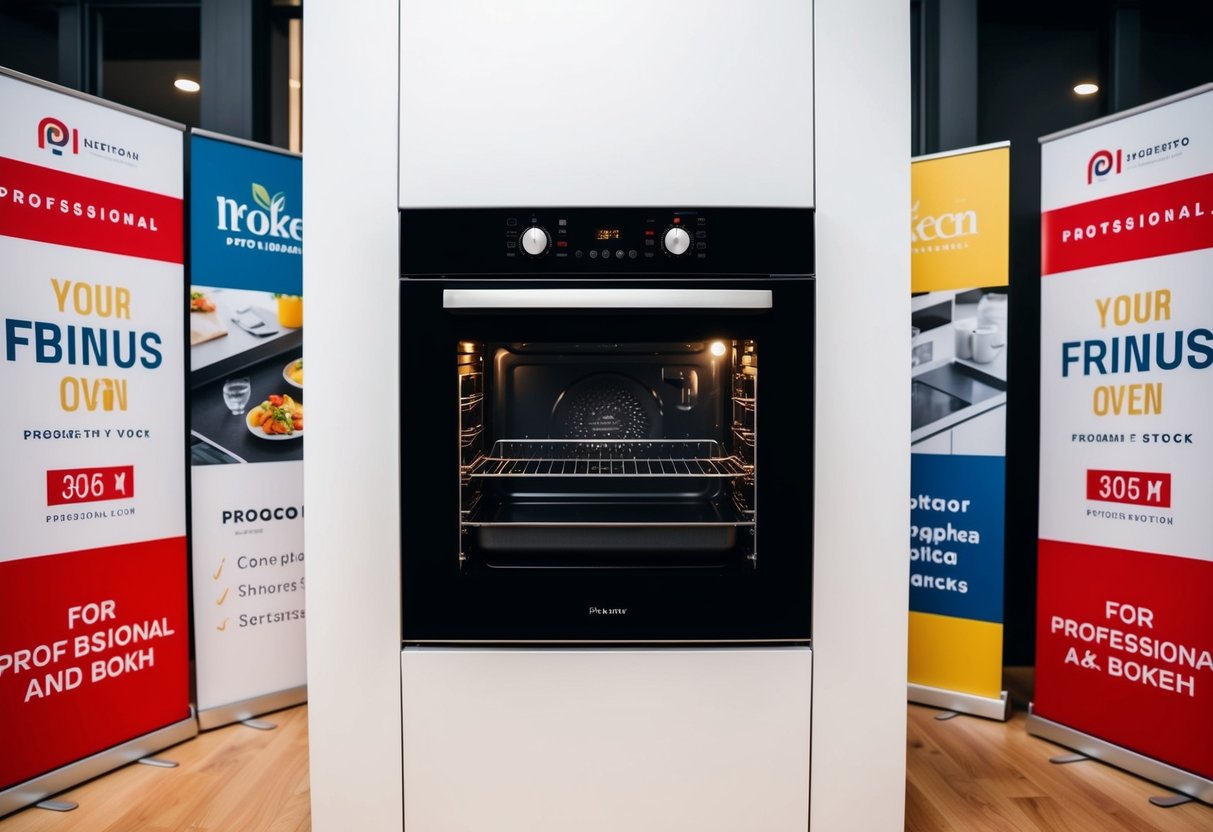 A sleek, modern built-in oven surrounded by promotional banners and logos