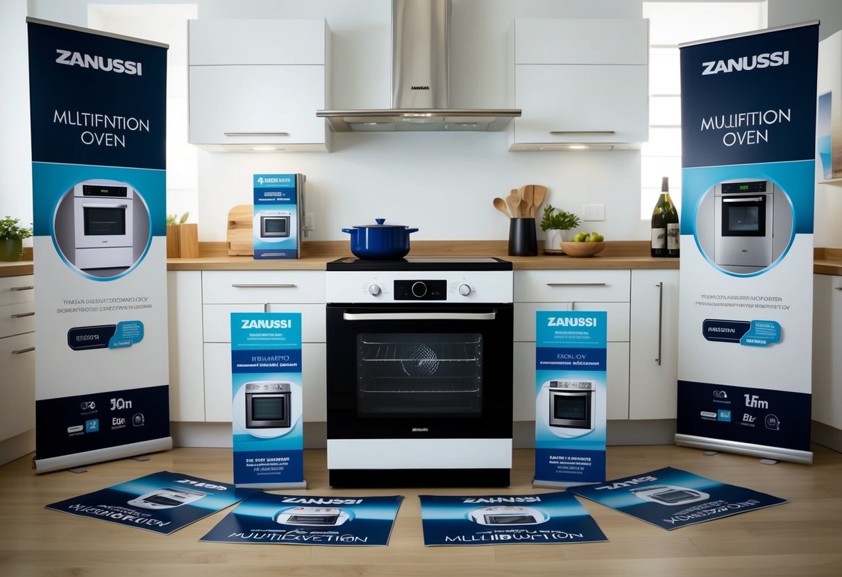 A modern kitchen with a Zanussi Multifunction Built-In Oven, surrounded by promotional materials and banners