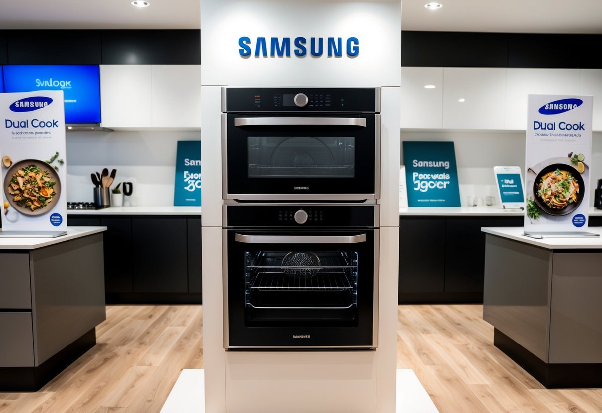 A modern kitchen with a sleek Samsung Dual Cook Built-In Oven on display, surrounded by promotional materials and signs