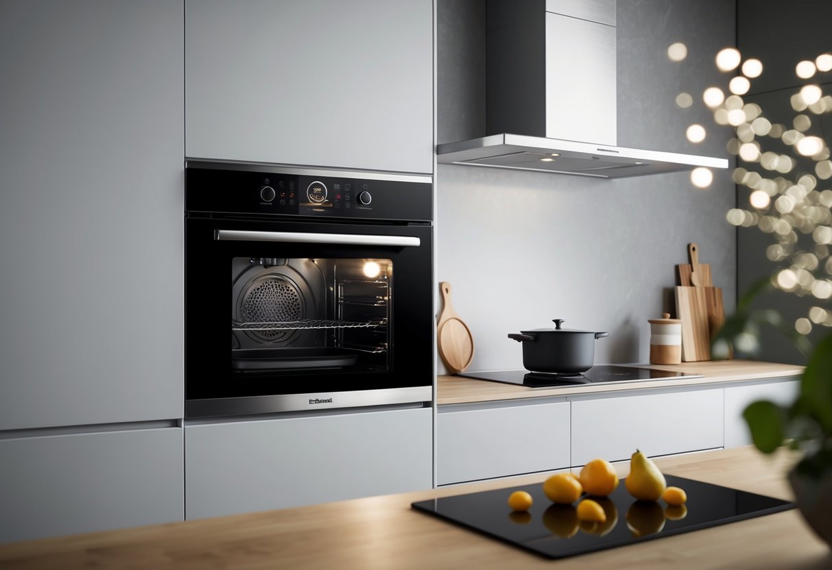 A modern kitchen with an Electrolux SurroundCook Built-In Oven, featuring promotional materials