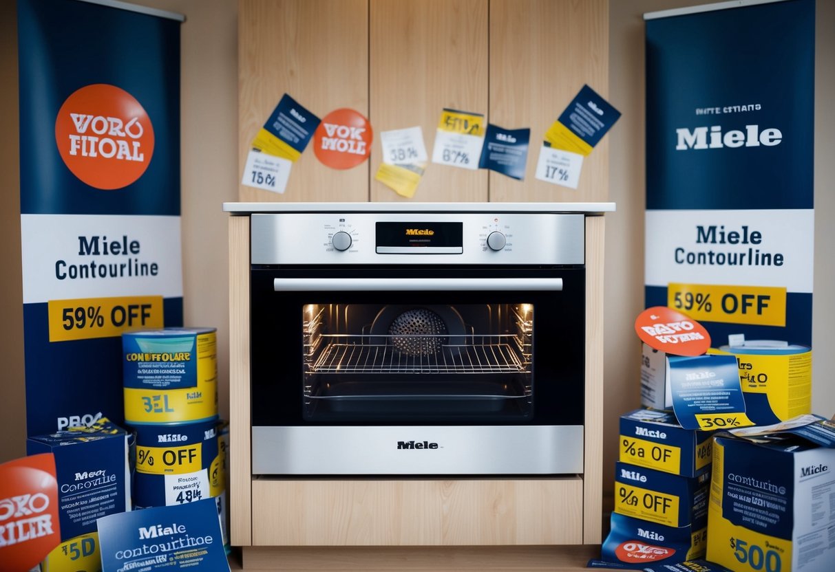 A sleek Miele ContourLine Built-In Oven surrounded by promotional banners and discount stickers