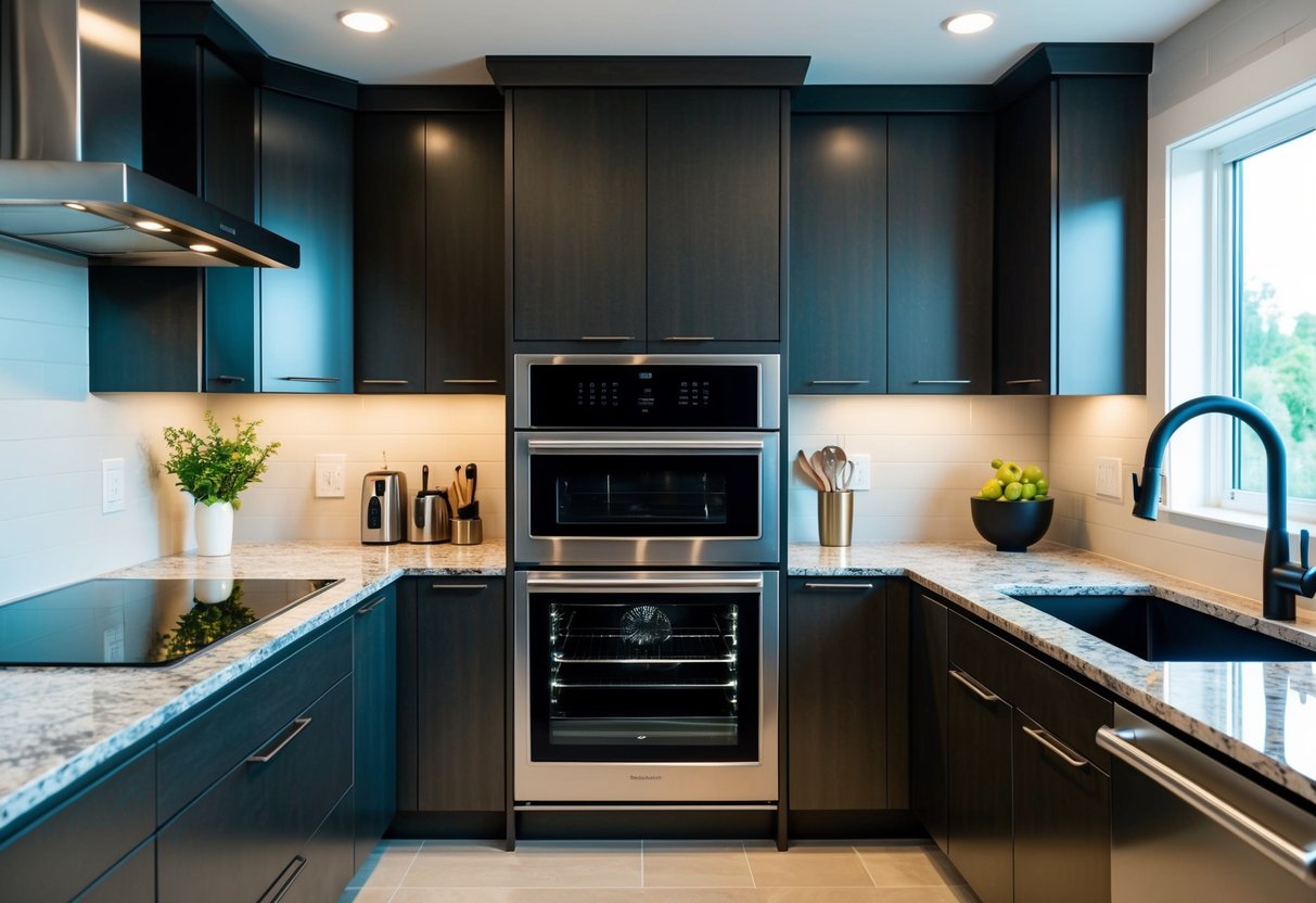 A modern kitchen with a sleek, built-in oven as the focal point, surrounded by stainless steel appliances and granite countertops