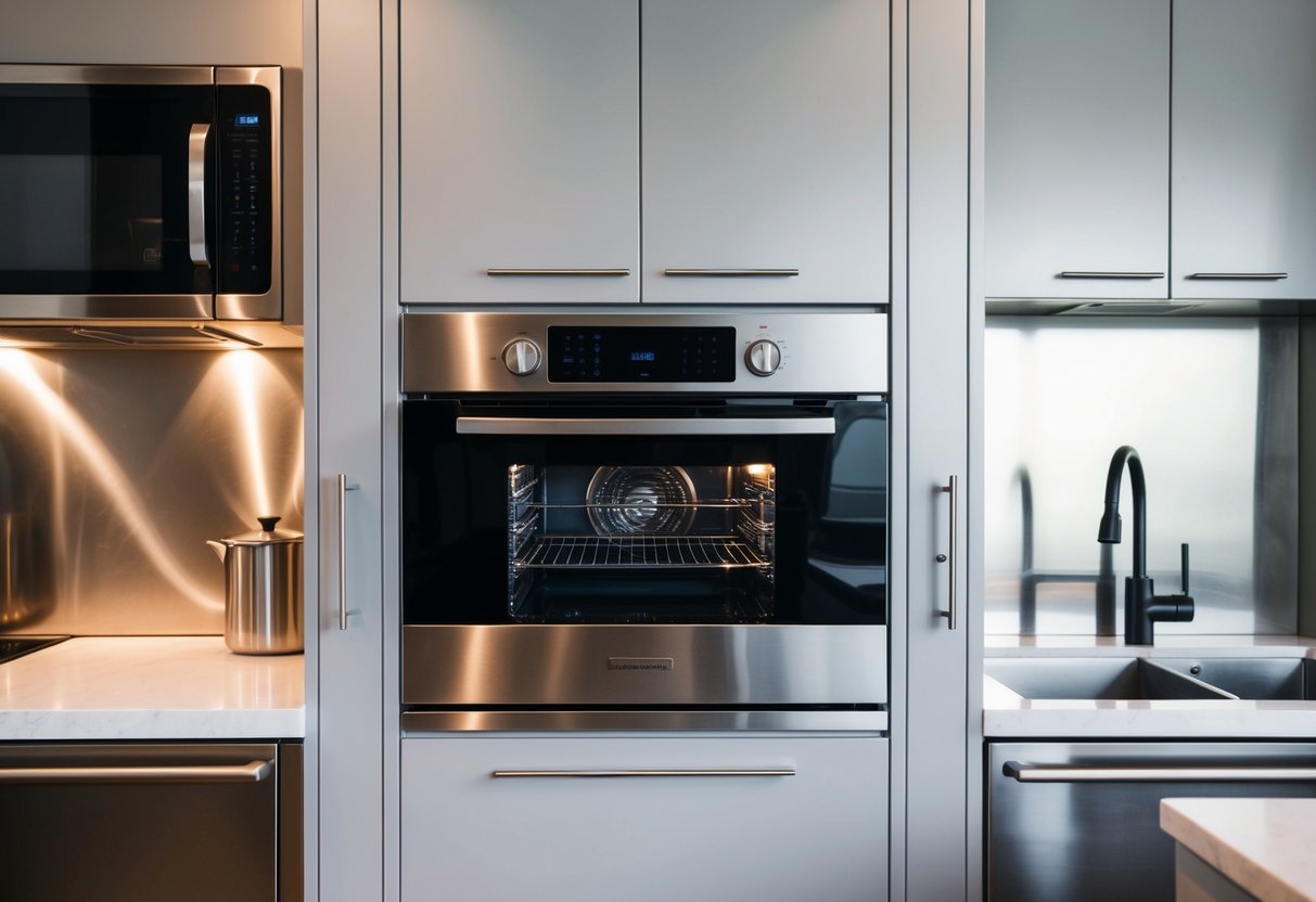 A sleek, modern built-in oven surrounded by stainless steel appliances and minimalist cabinetry