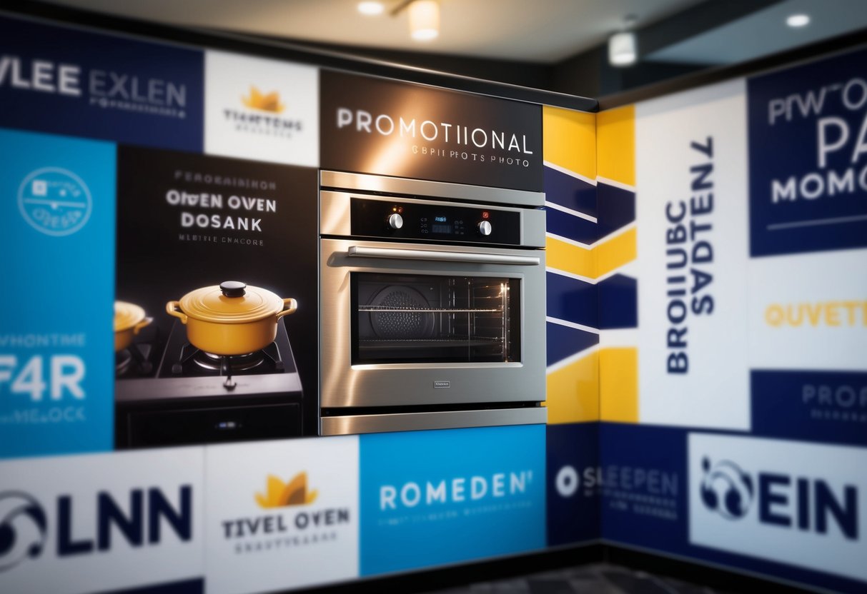 A sleek, modern built-in oven surrounded by promotional banners and logos