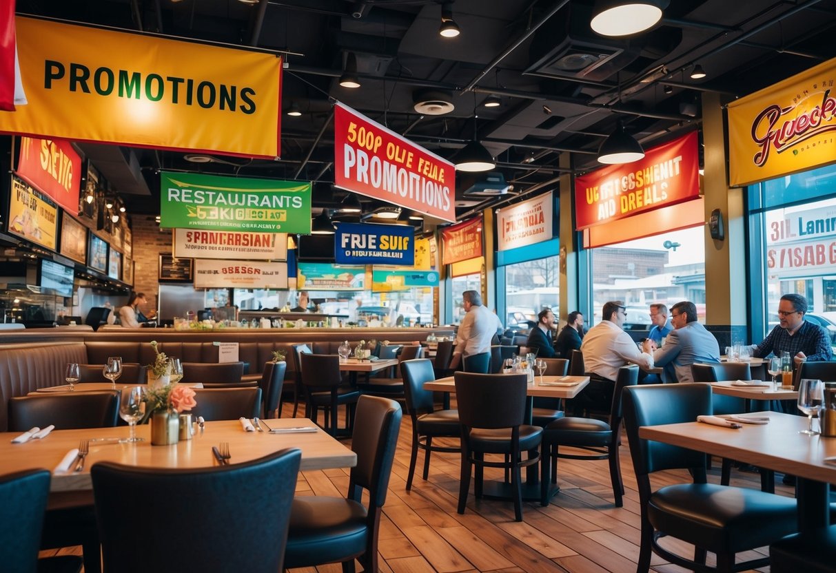 A bustling restaurant with colorful banners and lively atmosphere, showcasing various promotions and deals