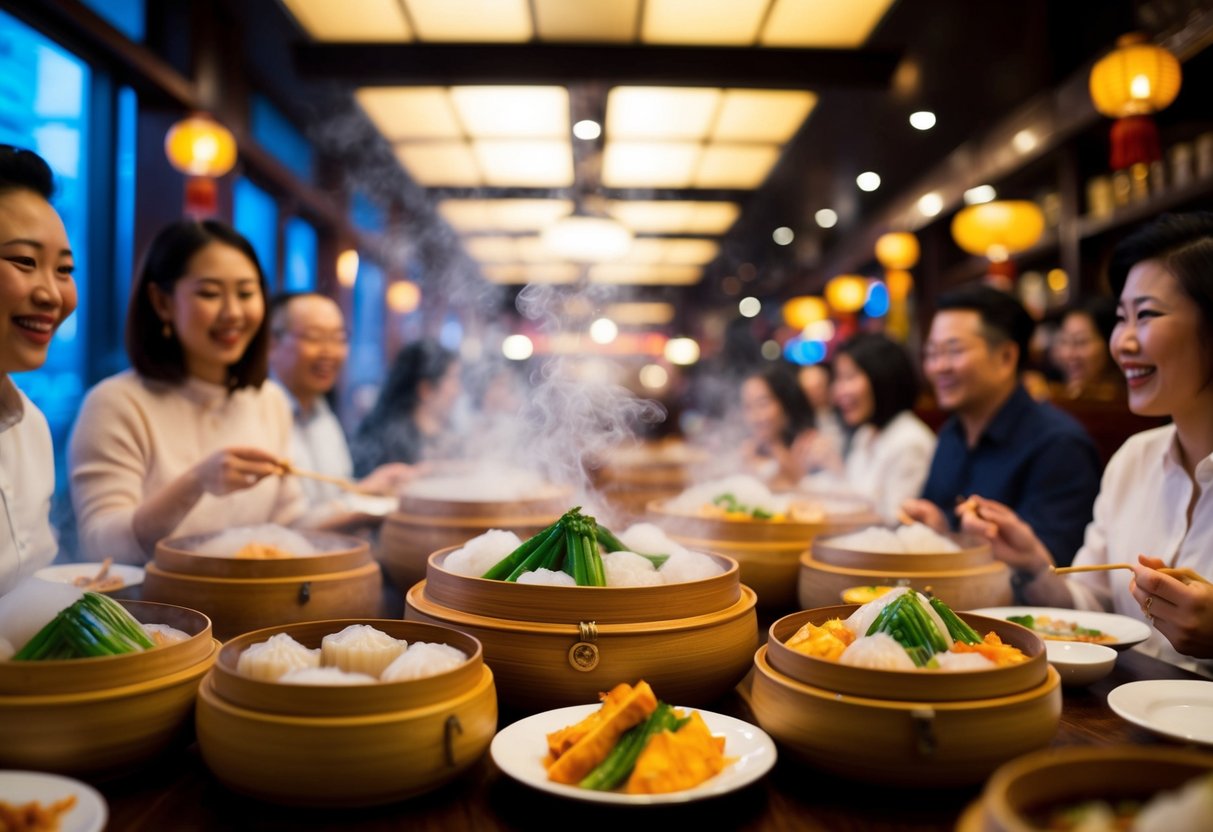 A bustling restaurant filled with steaming bamboo baskets, colorful plates of dim sum, and happy diners enjoying the lively atmosphere