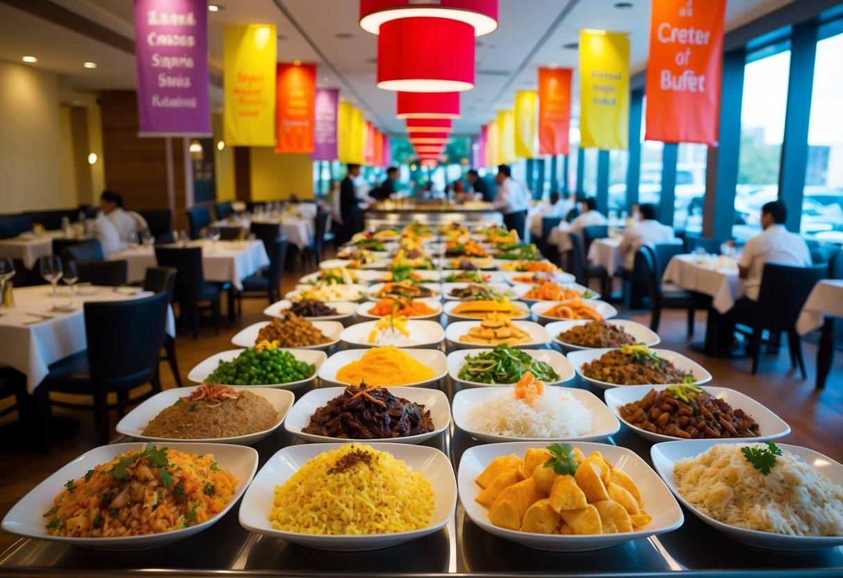 A bustling restaurant with colorful banners and a variety of delicious dishes spread out on a long buffet table