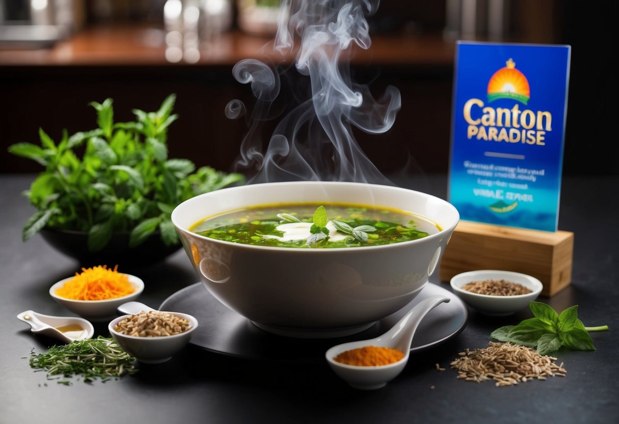 A steaming bowl of herbal soup sits on a table, surrounded by various ingredients and garnishes, with a promotional sign for Canton Paradise displayed nearby