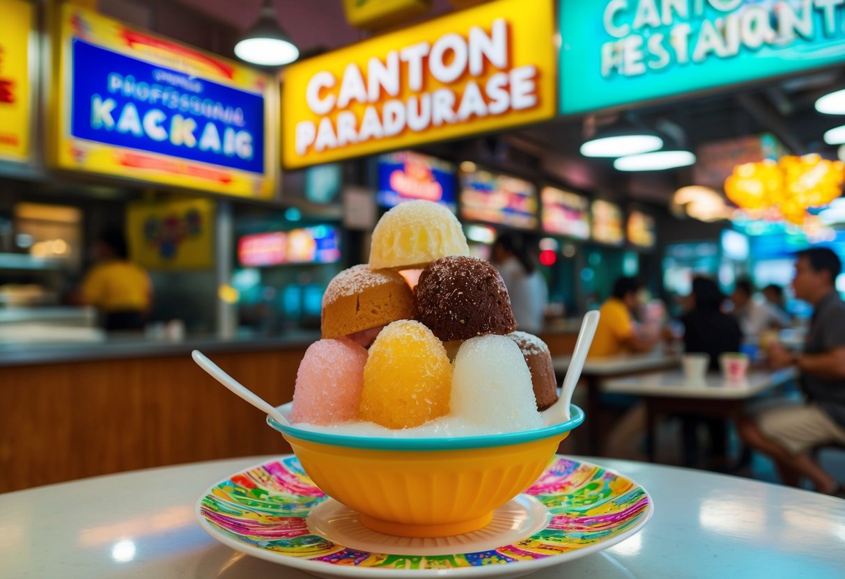 A colorful bowl of ice kacang topped with various sweet treats, surrounded by promotional signage at a bustling Canton Paradise restaurant