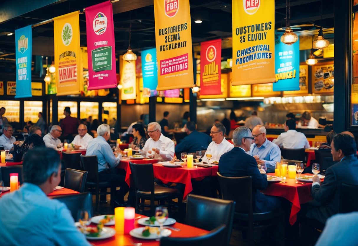 A bustling restaurant with colorful banners and tables set with steaming dishes. Customers enjoy the lively atmosphere and special promotions