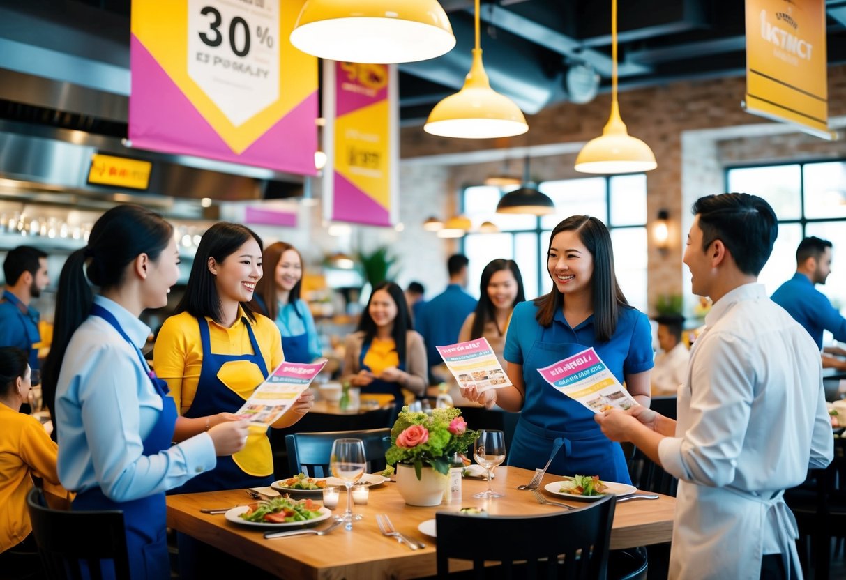 A bustling restaurant with colorful banners, happy customers, and staff handing out promotional flyers