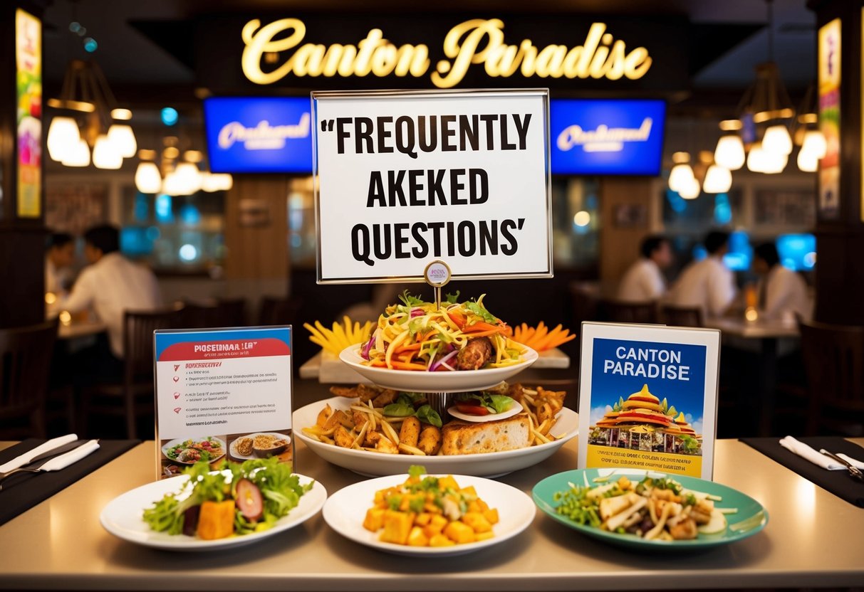 A bustling restaurant with a prominent "Frequently Asked Questions" display and colorful promotional materials for Canton Paradise