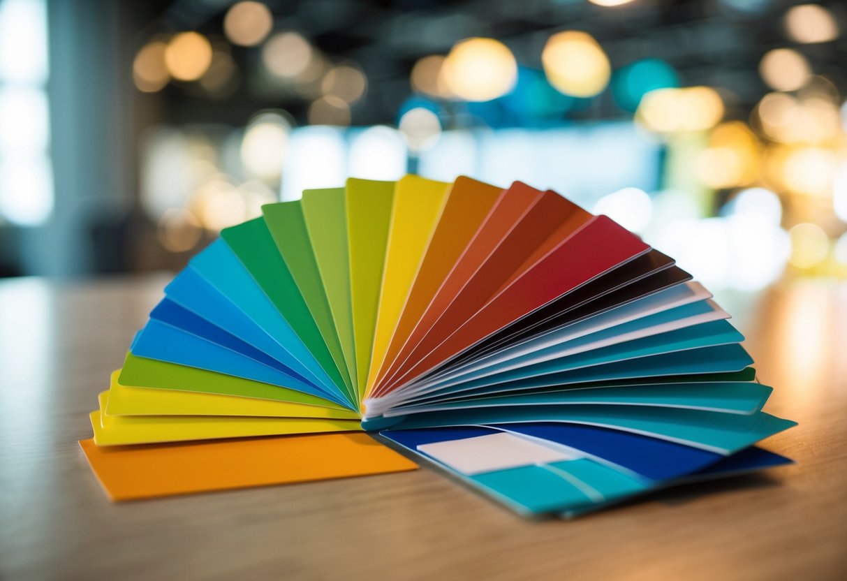A stack of colorful promotional cards arranged in a fan shape on a table