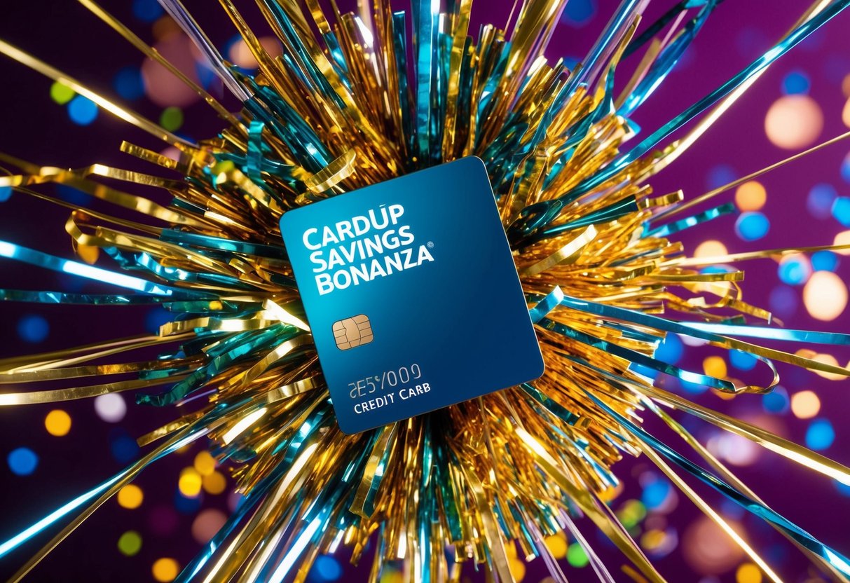 A colorful burst of confetti and streamers surround a sleek credit card with the words "Cardup Savings Bonanza" displayed prominently