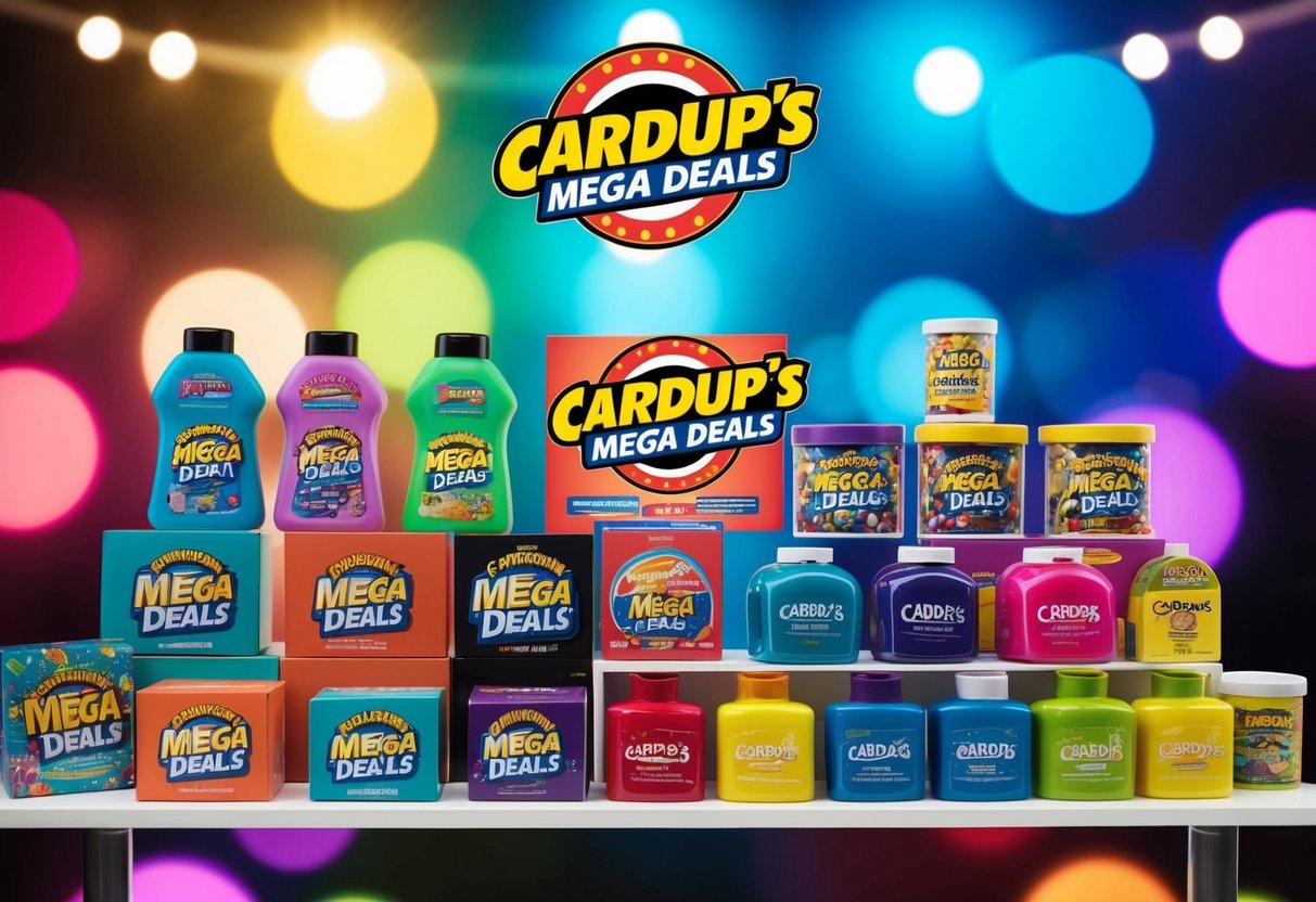 A colorful, eye-catching display of various products with the Cardup's Mega Deals logo prominently featured. Bright lights and bold colors draw attention to the promotional items