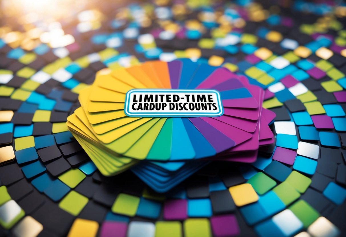 A stack of colorful discount cards arranged in a fan shape, with a bold "Limited-Time Cardup Discounts" logo in the center