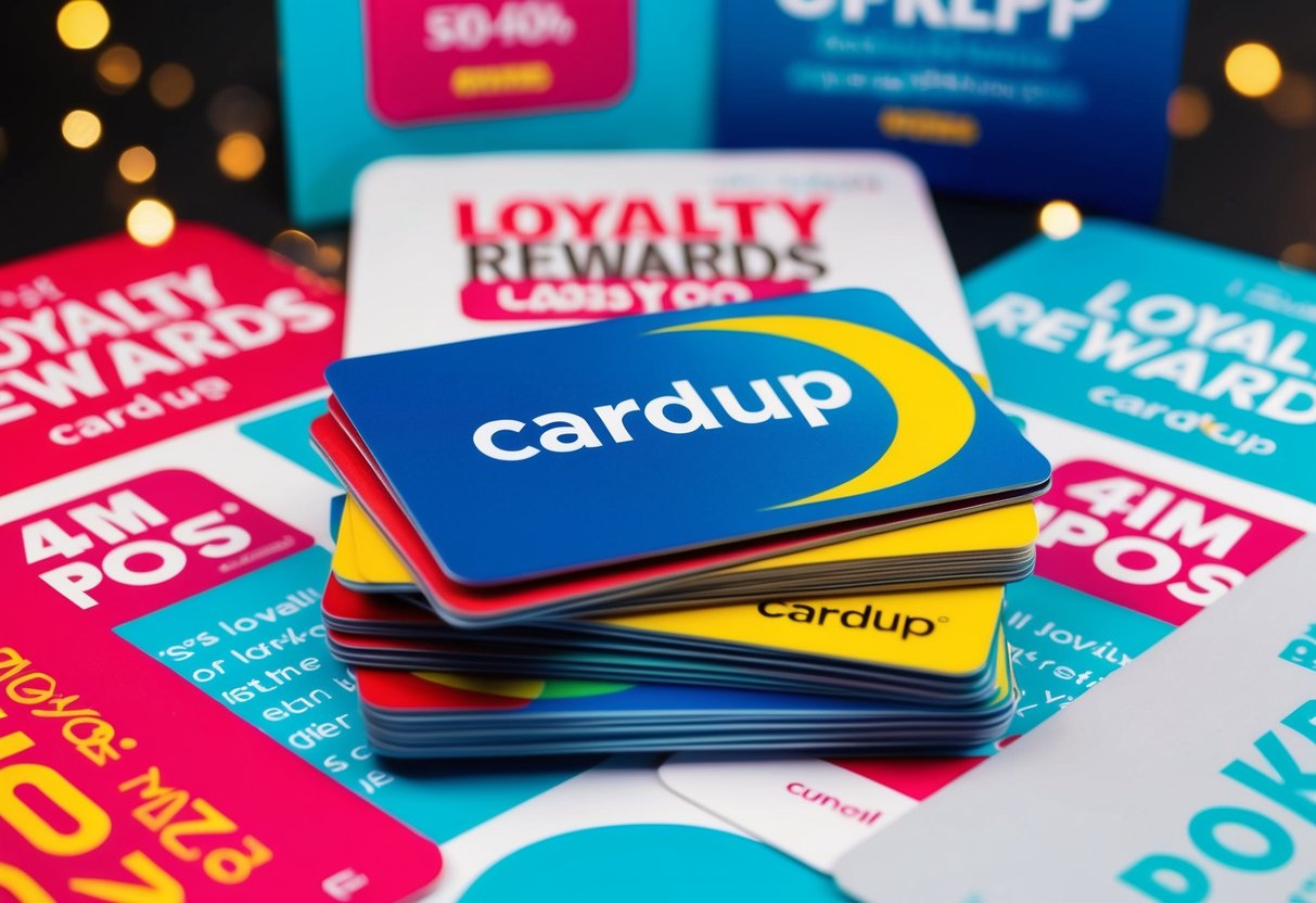 A stack of colorful loyalty rewards cards with the Cardup logo, surrounded by promotional banners and enticing offers