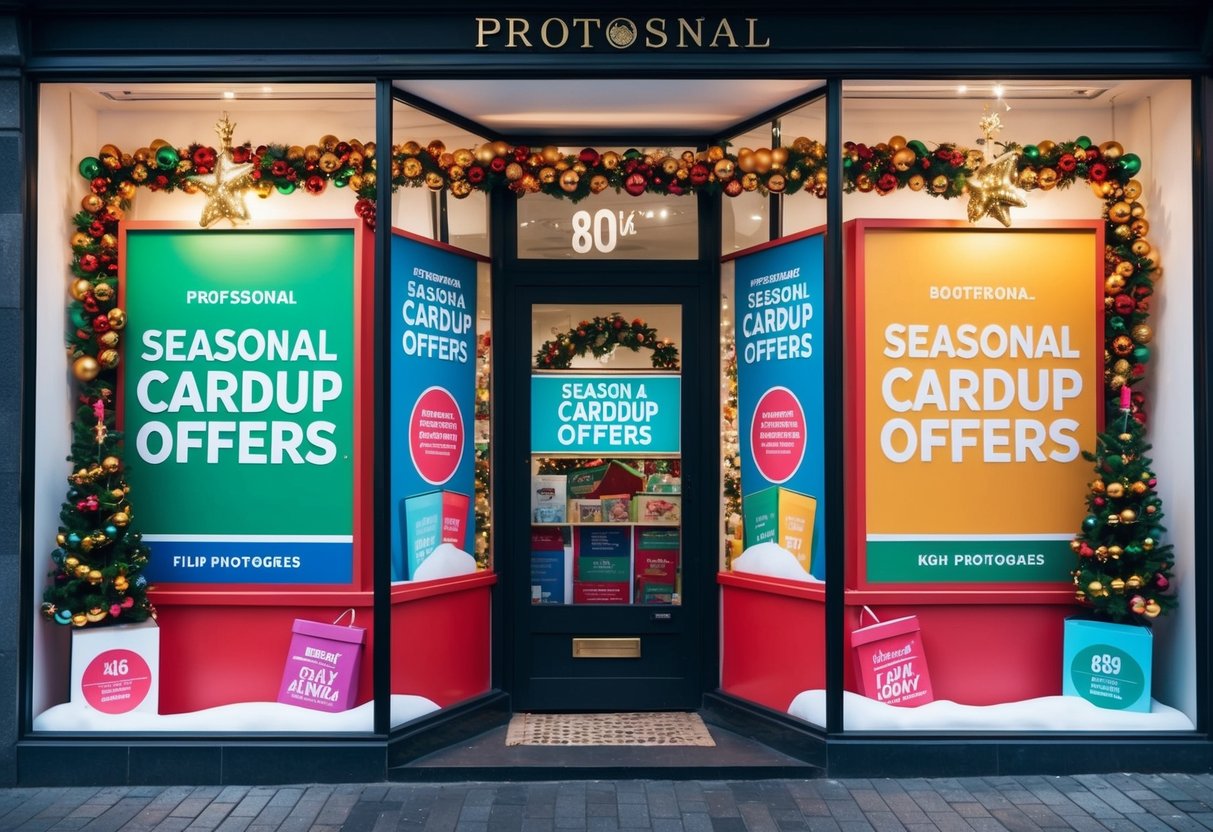 A festive storefront display featuring "Seasonal Cardup Offers" with colorful decorations and promotional signage