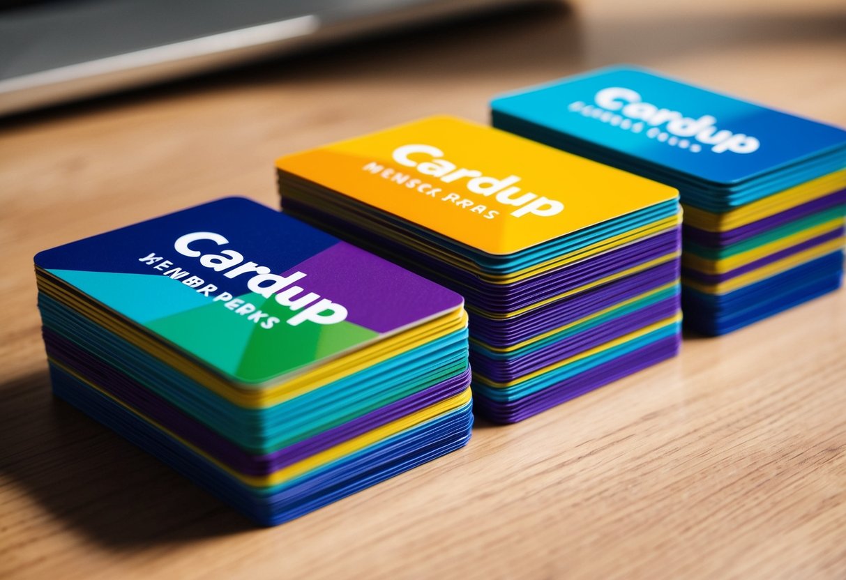 A stack of colorful promotional cards arranged in a neat row, with the "Cardup Member Perks" logo prominently displayed