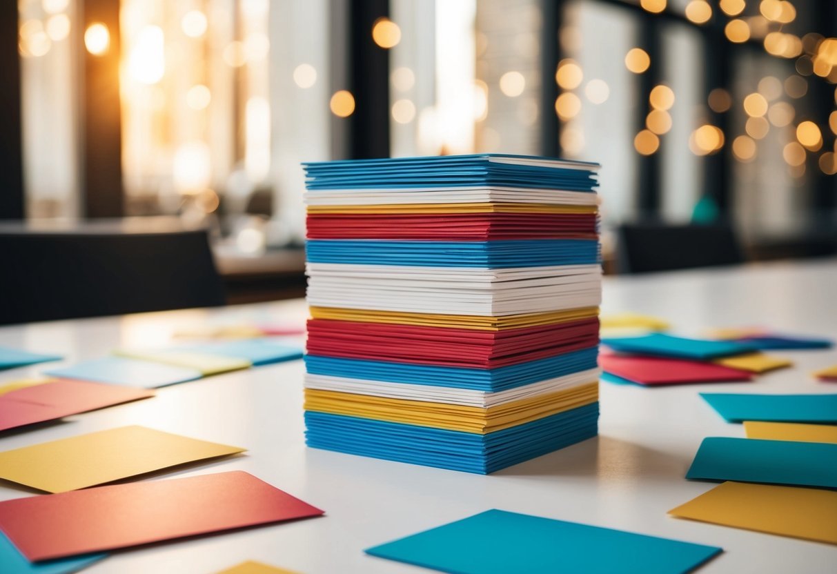 A stack of colorful Cardup Bundles promotional cards arranged on a table