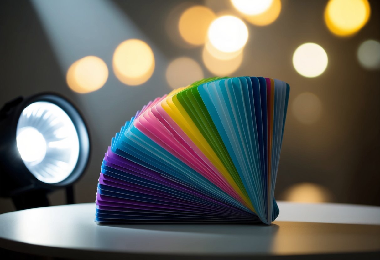 A stack of colorful promotional cards arranged in a fan shape on a table. A spotlight illuminates the cards, creating a dynamic and eye-catching display