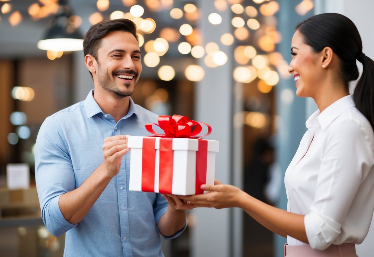 A customer receiving a surprise gift with their purchase, smiling and feeling delighted