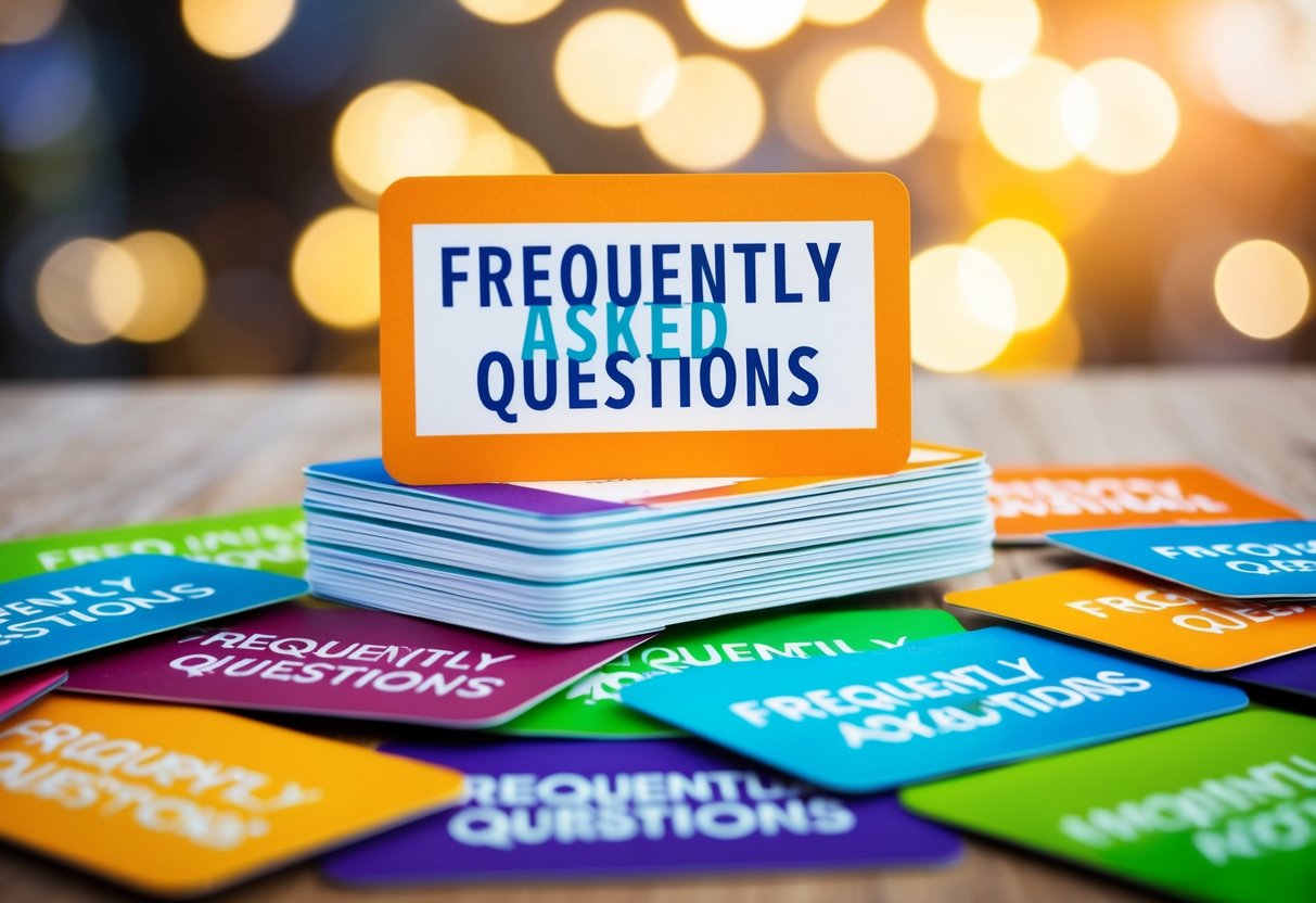 A stack of colorful promotional cards with the "Frequently Asked Questions" title displayed prominently
