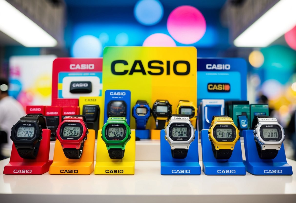 A colorful display of Casio products arranged in a creative and eye-catching manner to promote the brand
