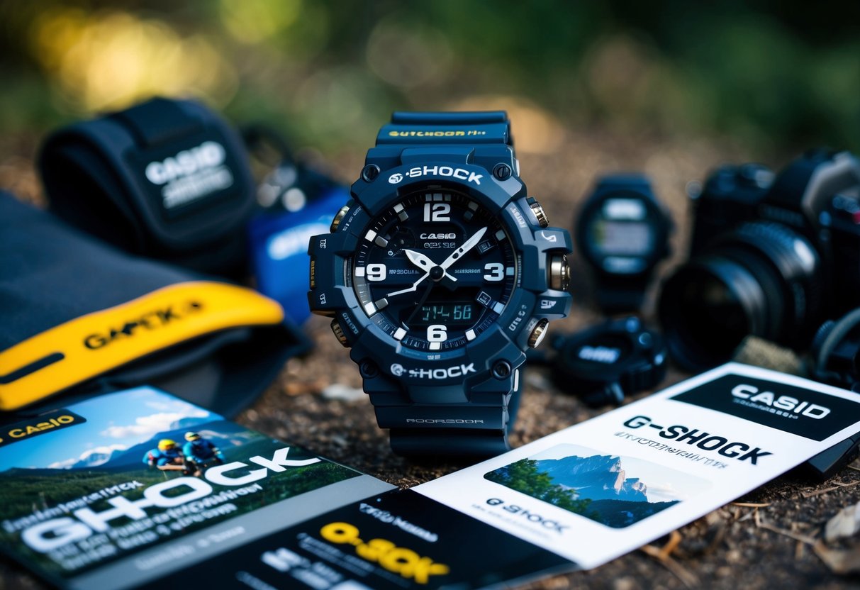 A rugged Casio G-Shock watch surrounded by outdoor adventure gear and promotional materials