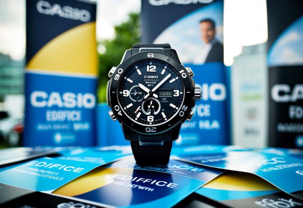 A sleek Casio Edifice watch with Bluetooth and solar features, surrounded by promotional banners and logos