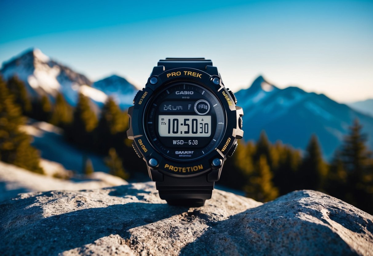 A rugged Casio Pro Trek Smart WSD-F30 watch displayed in a dynamic outdoor setting with mountains, trees, and a clear sky