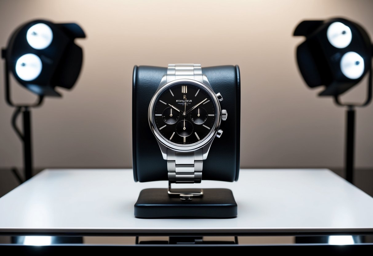 A sleek, modern watch displayed on a luxurious, minimalist background with spotlights highlighting its features