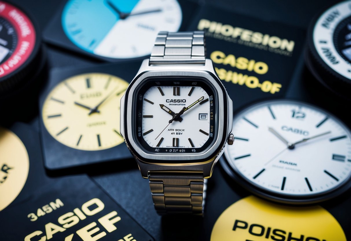 A close-up of the Casio Vintage A168WG-9EF watch surrounded by promotional elements