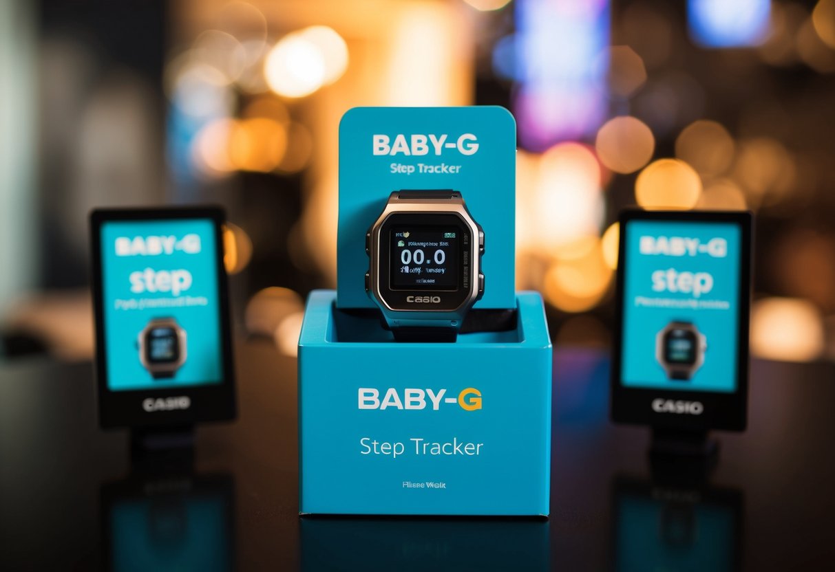 A Casio Baby-G Step Tracker displayed with promotional materials