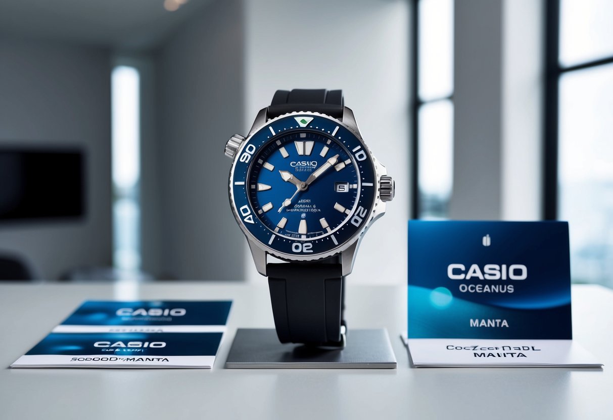 A sleek Casio Oceanus Manta OCW-S5000E-1AJF watch displayed with promotional materials in a modern, minimalist setting