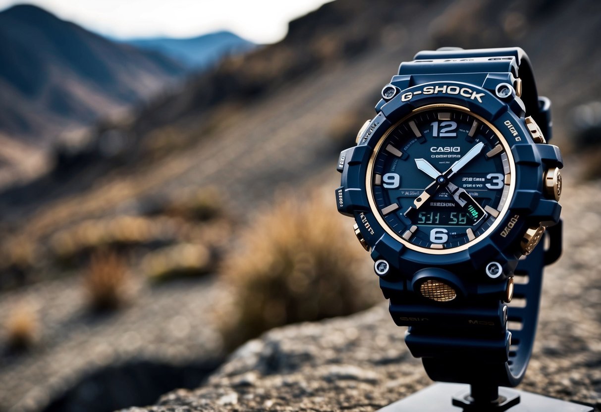 A rugged Casio G-Shock Rangeman GW-9400 watch is displayed against a backdrop of rugged outdoor terrain
